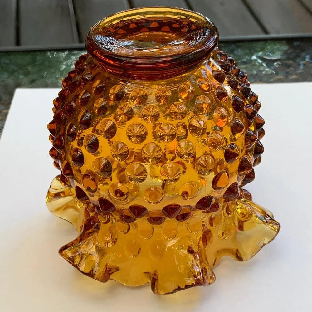 Vintage Fenton Amber Glass Footed Hobnail Vase with Ruffled Edge - Picture 6 of 12